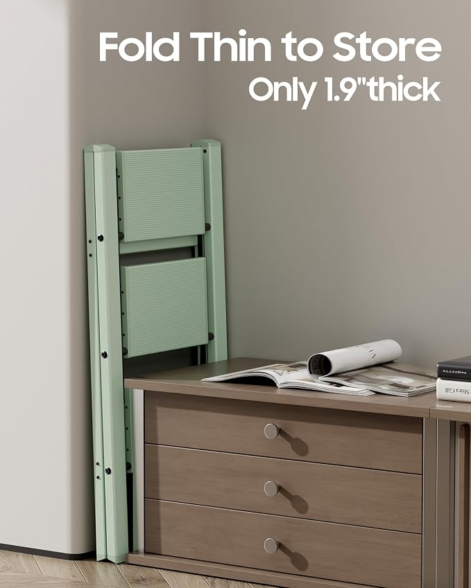 HillhutApex Aluminum Step Stool Foldable,3 Step Ladder (Pale Green) | Lightweight Portable step ladder with Anti-Slip Wide Pedal,330lbs Capacity Ladder for Household,Office,Kitchen