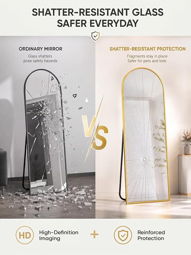 Full Length Mirror, 78" x 38" Arched Full Body Mirror Large Standing Floor Mirrors, Mirrors for Bedroom, Bathroom, Living Room Standing or Wall Leaning, Gold