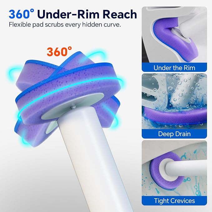 Disposable Toilet Brush Set with Caddy, 2 Handles, 28 Refills | Hands-free eject, secure-lock heads, 17 in handles, floor-standing caddy, preloaded sponge refills for toilet bowl cleaning