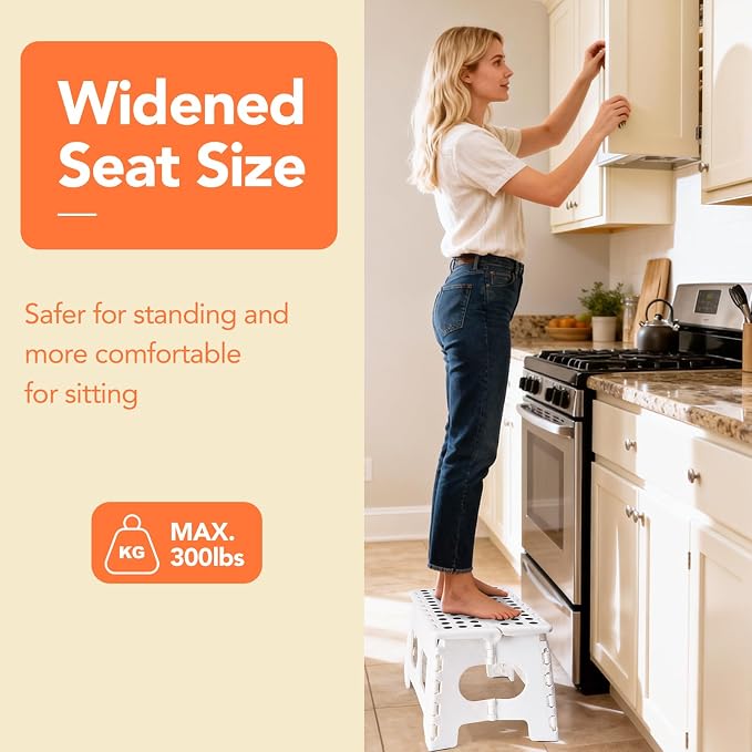 9 Inch Folding Step Stool, 15 Inch Extra-Wide, 300 lbs, White | Non-Slip Heavy Duty Foldable Step Stool for Kids and Adults, Extra-Wide for Comfort and Stability, for Bathroom and Kitchen
