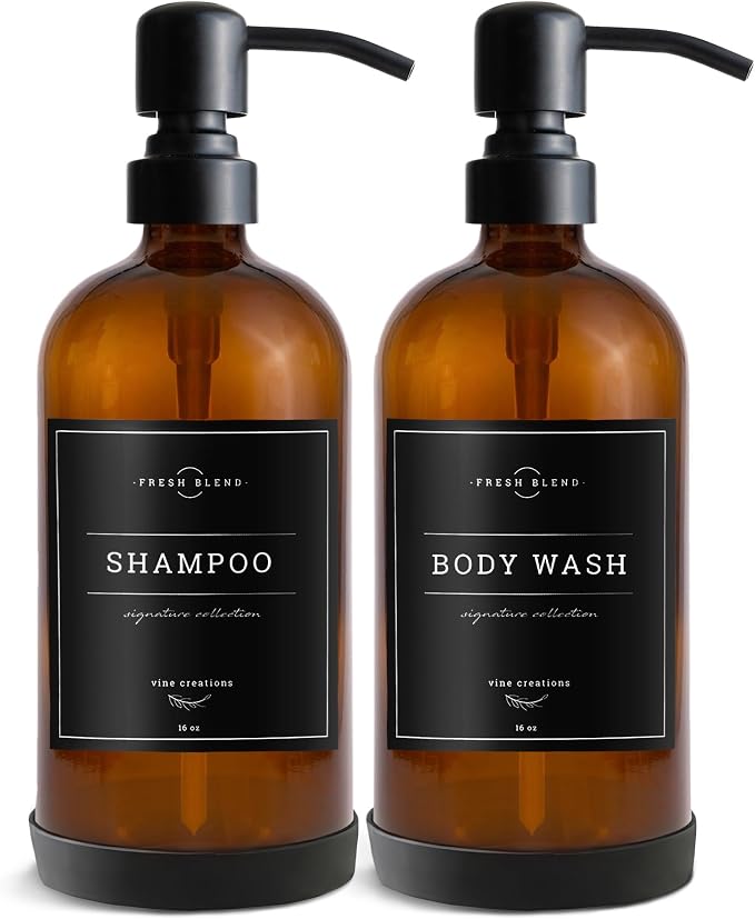Vine Creations Amber Glass Soap Dispenser, 2 Pack Kitchen Soap Dispenser Set with Stainless Steel Pump, 16 oz Dish Soap and Hand Soap Dispensers for Bathroom with Waterproof Labels