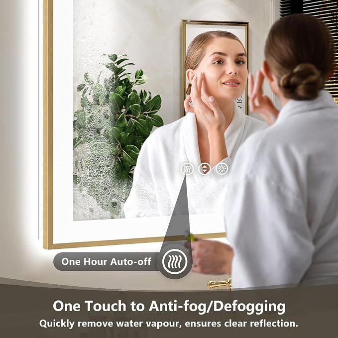 28x36 LED Bathroom Mirror with Lights, Gold Framed Lighted Mirror | Backlit and Front light, Anti-Fog, 3 Color Dimmable, Memory, Tempered Glass, IP54 Waterproof, UL Listed