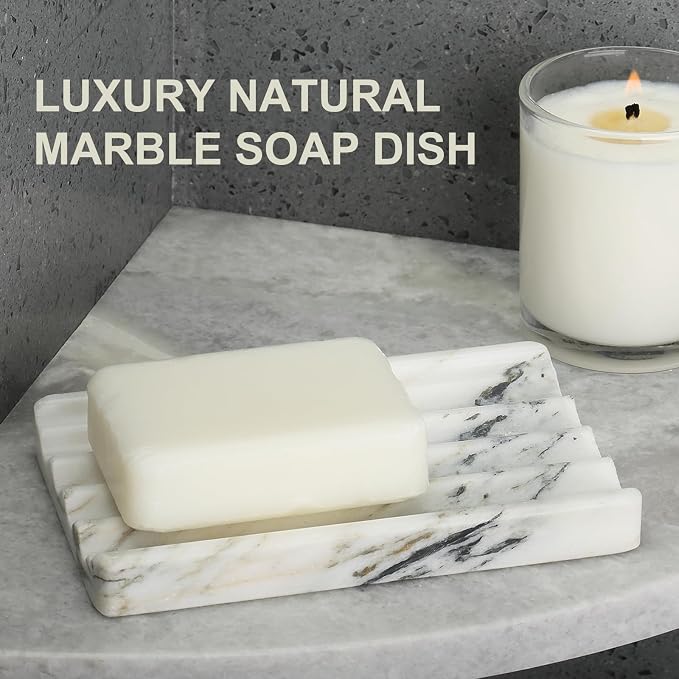 African Natural Marble Soap Dish for Shower, Stone Soap Tray for Bathroom, Bar Soap Holder for Sink, Stripe Grooves Soap Saver Stone Dish Keep Bars Dry Easy Clean (Namib Bianco)