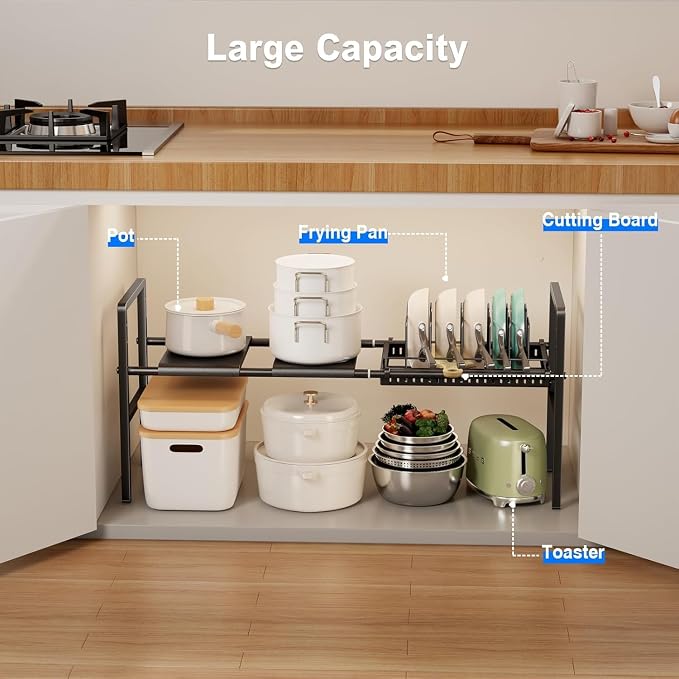 Mustorn Pots and Pans Organizer Under Cabinet, Expandable 1 Tier Under Sink Organizers and Storage Adjustable Height Kitchen Pot and Pan Lid Holder Rack with 6 Dividers Under Cabinet Shelf(Black)