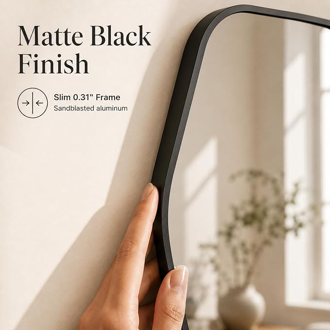 Matte Black Tapered Rectangle Bathroom Mirror, 24x36 Inch | Aluminum alloy frame, tempered glass, two-way keyhole mount, for bedroom, hallway, console