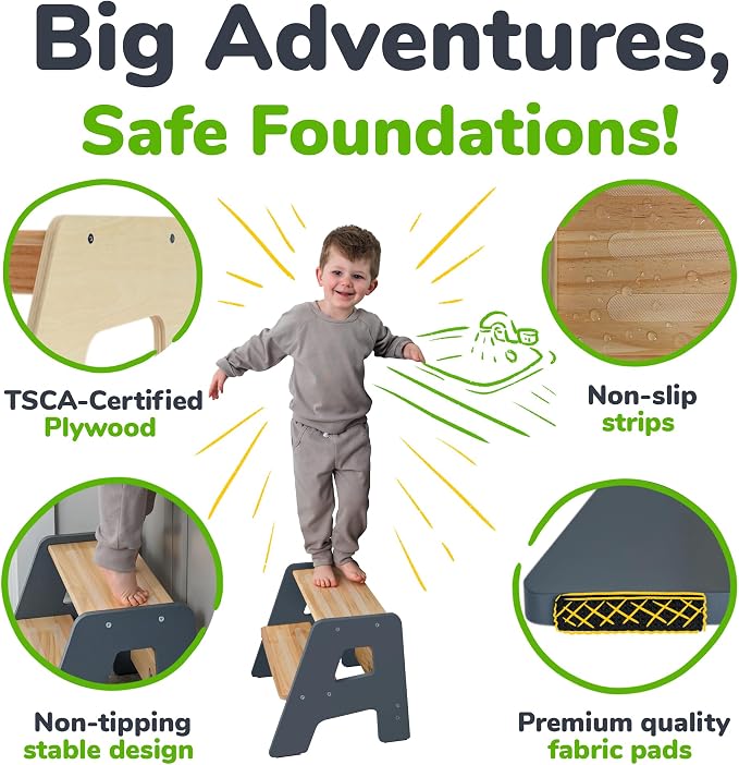 2-Step Wooden Toddler Step Stool for Bathroom Sink & Kitchen Use - Gray | Non-slip steps and padded feet for extra stability. Lightweight to carry, safely supports ages 2+ and adults up to 250 lbs.