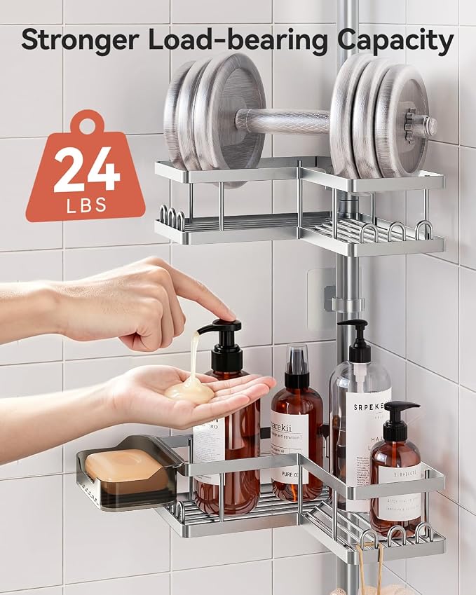 Corner Shower Caddy Tension Pole, 25.7-109.1in Adjustable Shower Shelves, Rust-Resistant Shower Organizer, No-Drill 3-Step Installation, Bathroom Shelves for Renters & Family, Silver