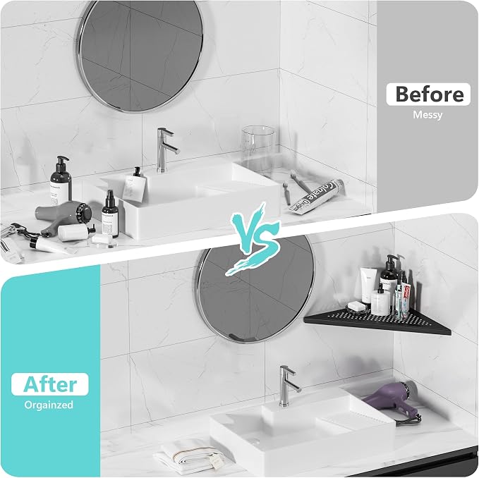 Qeke Bathroom Corner Shelf, Recessed 12" Shower Shelf Caddy, SUS304 Stainless Steel Shelf Wall Mount Triangular, No Drilling, Matte Black | 304 Stainless Steel Grout in Bathroom Corner Shelves, Bathroom Shelf for Tiled Wall, Rustproof, No Drilling Requ...
