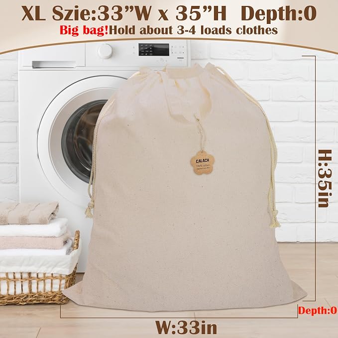 Cotton Canvas Laundry Bag with Handles & Drawstring, XL 33"Wx 35"H, Natural | Extra Large Heavy Duty Washable Basket Liner Hamper Liner Replacement, Thick Cotton Storage Sack, 1Pack