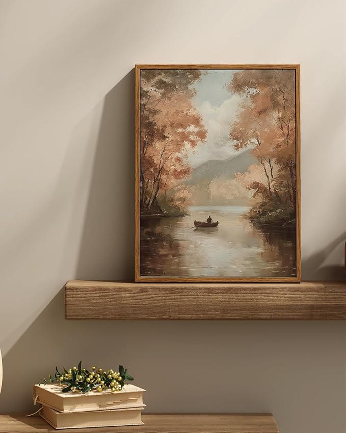 InSimSea Vintage Fall Picture Wall Decor, Autumn Lake Landscape Art, Rustic Nature Decor for Shelf Kitchen Bathroom, Framed Canvas Art, 16x12in,Small Size