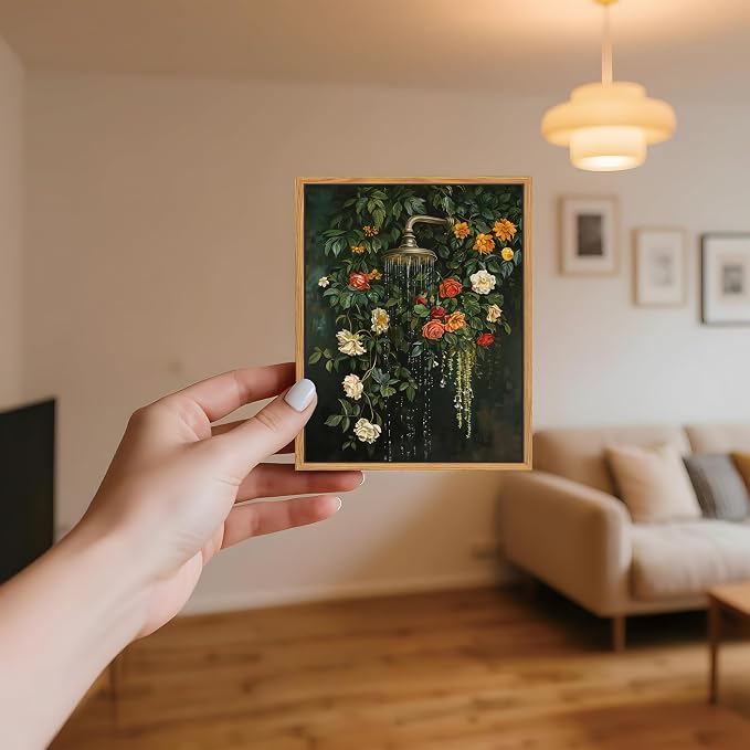 Floating Framed Floral Shower Wall Art, Vintage Botanical Flower Canvas Print, Romantic Garden Roses and Waterfall Painting, Nature Inspired Bathroom Wall Decor for Home Living Room 8x10 inch