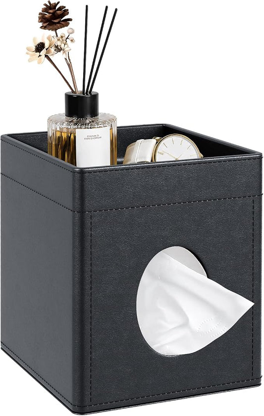 Square Tissue Box Holder with Storage Tray Tissue Box Cover, Tissues Cube Boxes Cover for Nightst, Dining Table, Dressing Table, Tea Table, Coffee Bar (Black)