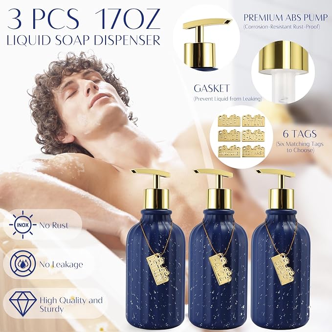 17PCS Bathroom Accessories Set, Navy Blue Bathroom Set Bathroom Accessories Set with Trash Can, Toilet Brush, Toothbrush Holder, Qtip Holder & 3PCS Soap Dispenser