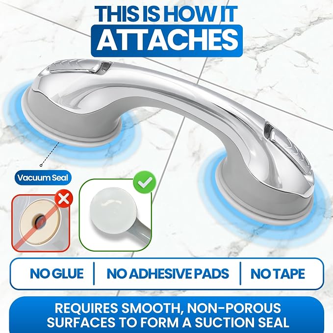 Safe-er-Grip Safe-er-Grip Changing Lifestyles Suction Cup Grab Bars for Bathtubs & Showers; Safety Bathroom Assist Handle, Chrome, 12 inches