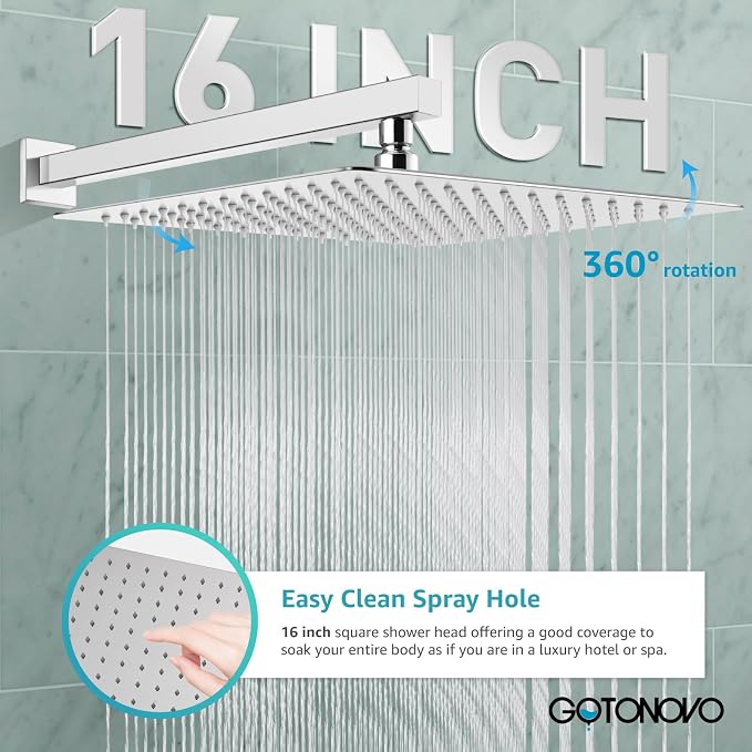 gotonovo Shower Faucet Set with Handheld Spray Polished Chrome,16'' Head | SUS304 Rainfall Shower Head and Handle Set System Fixture,Pressure Balance Valve Trim Kit,Single Handle,Wall Mount,All Metal