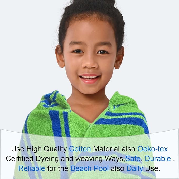 VOOVA & MOVAS Hooded Pool Towels for Kids,3-10 Years,Green | Fine Jacquard Stripe Craft, Generous Size, Powerful Absorbency, Great for Daily Bath and Outdoor Water Play