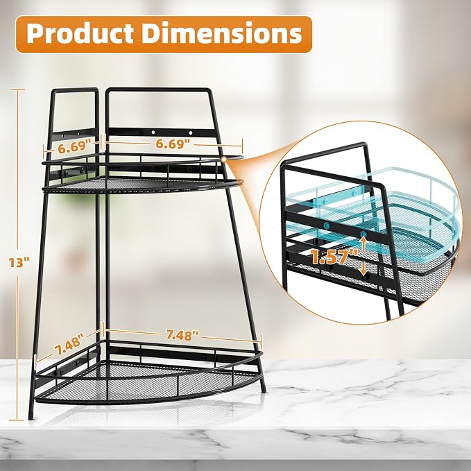 VITVITI 2 Tier Bathroom Counter Organizer Corner Vanity Shelf Storage Black | Metal Bathroom Countertop Organizer, Bath Room Sink Makeup Organizers for Vanity Perfume Skincare with Hooks