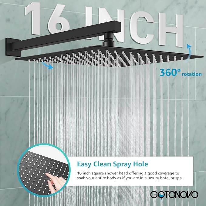 gotonovo Shower Faucet Set with Handheld Spray Matte Black,16'' Head | SUS304 Rainfall Shower Head and Handle Set System Fixture,Pressure Balance Valve Trim Kit,Single Handle,Wall Mount,All Metal