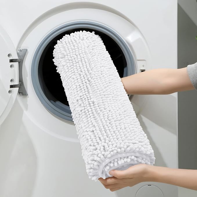 HOMEIDEAS 3 Pieces Bathroom Rugs, Ultra Soft Non Slip Absorbent Chenille Toilet Bath Mat Set (White)