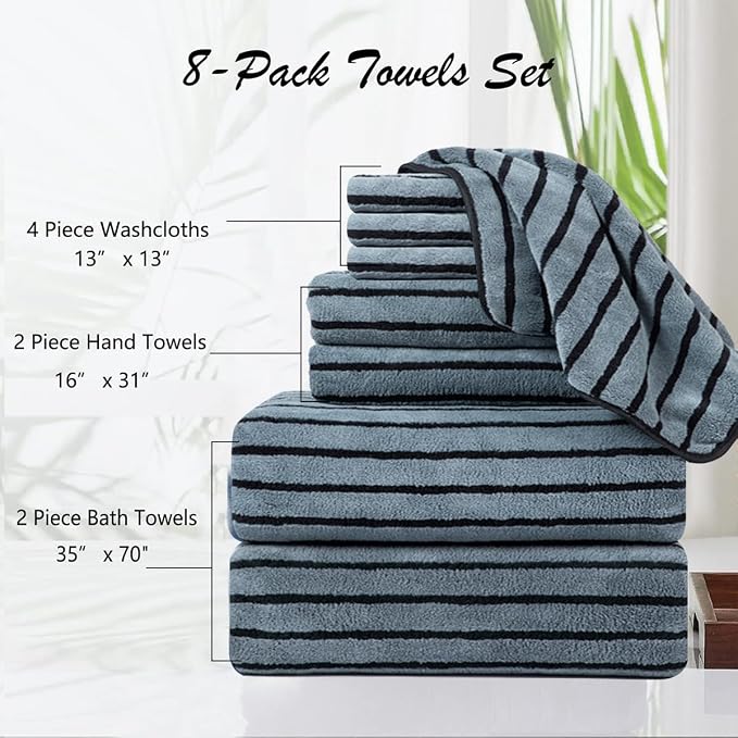 8 Pcs Cabana Stripe Large Towel Set Polyester Bath Hand Towels Washcloths | Fluffy oversize towel with hang loops absorbent quilck dry multiple pack easy replacement family sets for beach pool gym yoga