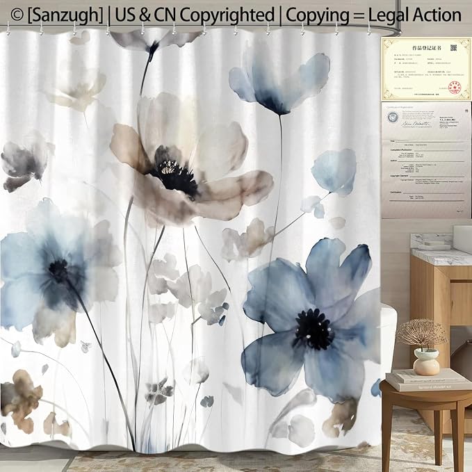 Sanzugh Boho Floral Shower Curtain, Cream Tan Beige Blue Grey White Watercolor Flower Fabric Shower Curtains Set for Bathroom Decoration with Hooks 72 X 72 inch Cute Farmhouse Bath Decor