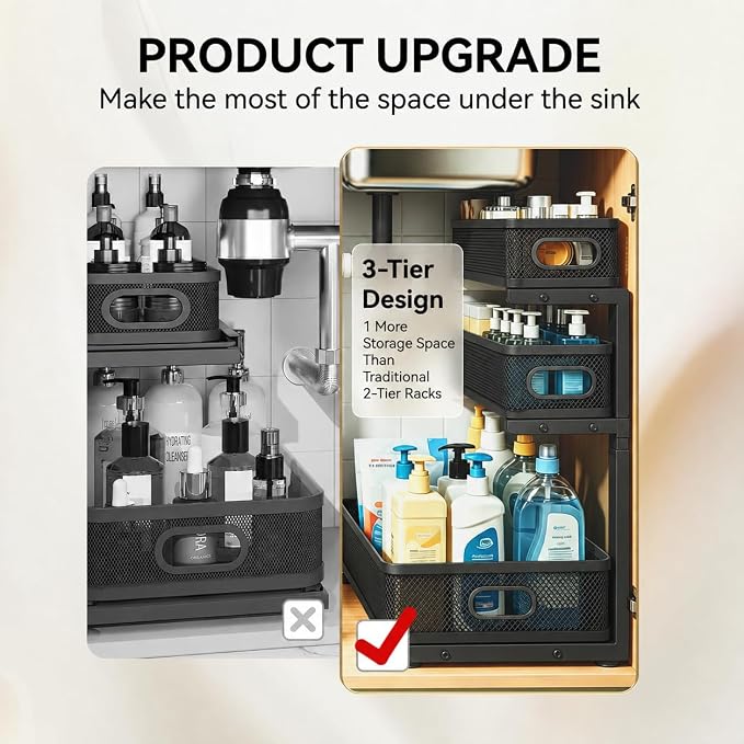 1 Pack 3 Tier Under Sink Organizer, Height Adjustable Heavy Duty Metal Under Cabinet Drawer Pull Out Shelf with Smooth Silent Sliding Design, Organizer and Storag Rack for Kitchen, Bathroom, Black