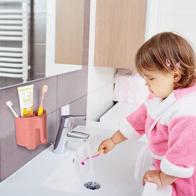 Elephant Toothbrush Holder for Toddler, Suction Cup Cute Toothbrush Holder for Kids, for Bathroom, with 3 Slots and 1 Hook, Watermelon Red