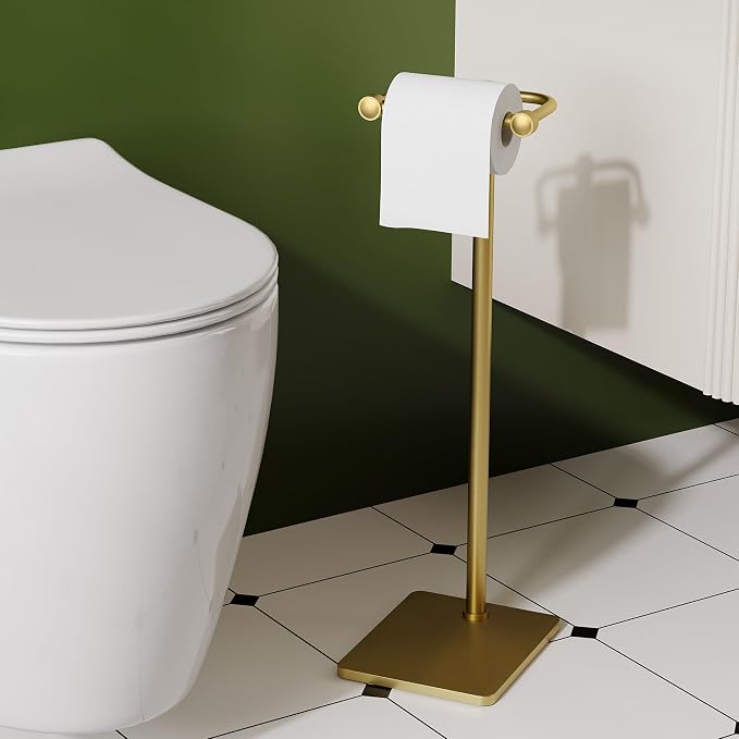 RUACQ Bathroom Toilet Paper Holder Stand, Brushed Gold | Dual-Post Pivoting Free Standing Toilet Roll Holder with Weighted Base, Anti-drop Design 304 Stainless Steel Tissue Stand