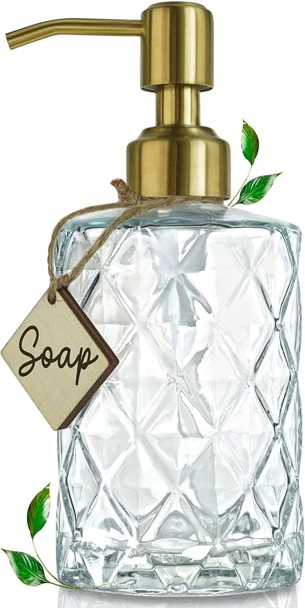 JASAI Diamond Design Glass Soap Dispenser with Golden Pump | Refillable Hand soap Dispenser for Kitchen, Soap Dispenser Bathroom for Soap, Hand soap, Dish Soap, Lotion.