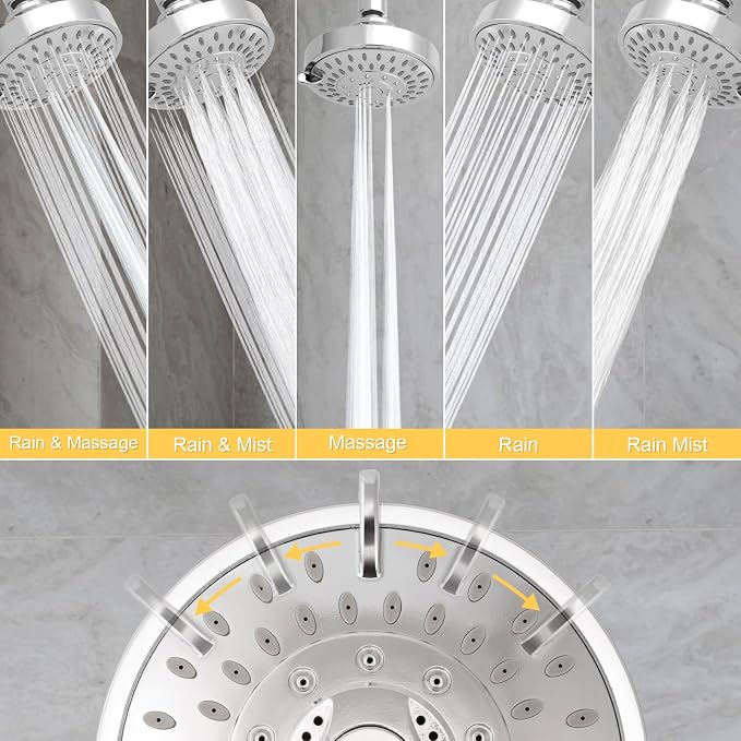 AISOSO High Pressure Rain Shower Head 2PCS 5 Modes 4.1 Inch Chrome Silver | Low Water Pressure Compatible, Powerful Spray Fixed Showerhead for a Relaxing Indoor & Outdoor Shower