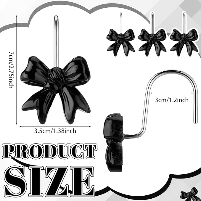 Yaocom 12 Pcs Black Bow Shower Curtain Hooks Christmas Rustproof Metal | Decorative Bow Knot Design Rings, Smooth Glide, Bulk Set for Bathroom Bedroom Living Room Art Decor, Classic Style Hangers