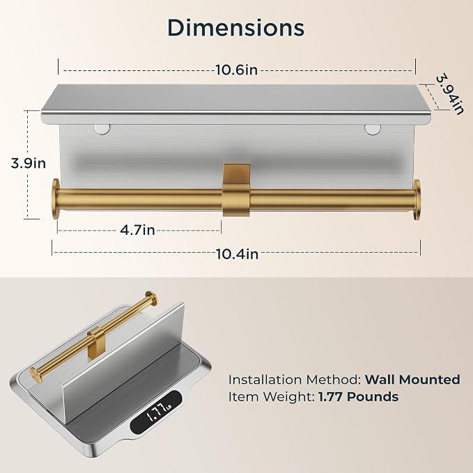 FORIOUS Toilet Paper Holder with Shelf, Commercial Toilet Paper Dispensers | Stainless Steel & Gold | Wall Mount Bathroom Tissue Holder | SUS304 Stainless Steel Rustproof | Double Tissue Roll Holder
