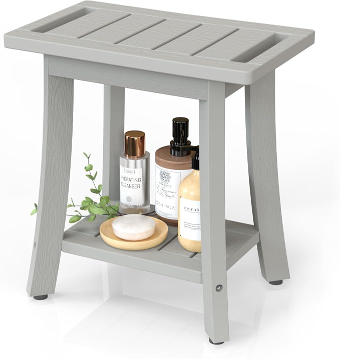 Waterproof HIPS Shower Bench for Inside Shower, Shower Stool, Grey | For seating and leg shaving, Wood-Look texture, Easy care, Non-slip leveling feet, Storage shelf, Indoor/Outdoor use, 350 lb