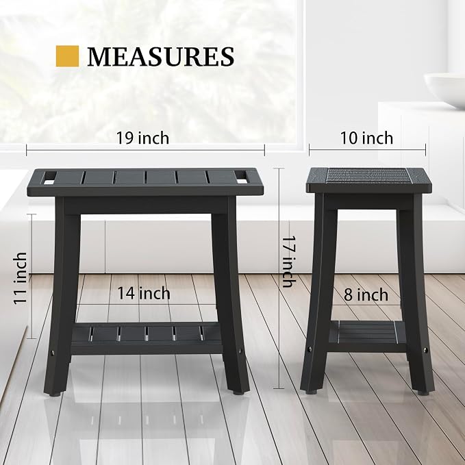 HIPS Shower Bench Inside Shower Stool with Storage Shelf, Waterproof Spa Bath Chair for Bathroom, Seat or Organizer for Living Room, Bedroom - Great for All Ages Unisex Elderly (Medium, Black)
