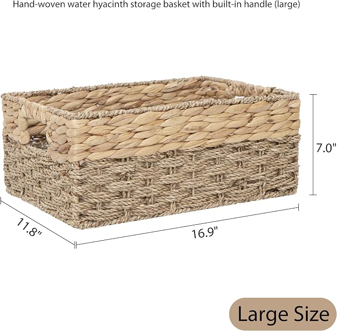 Handmade Water Hyacinth Storage Basket, Woven Basket Organizer with Inner Handles for Home & Office Decor (Large)