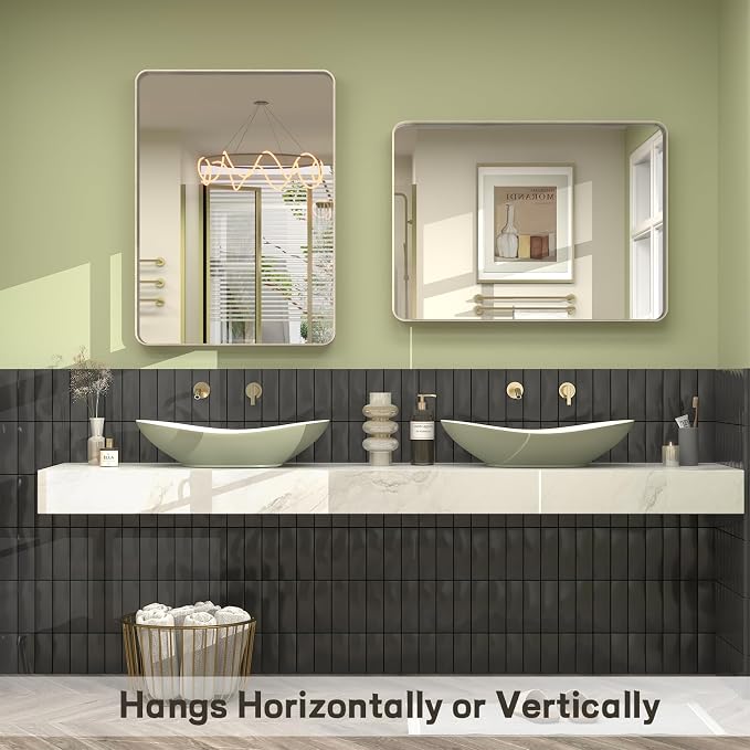 28x36 Inch Brushed Nickel Bathroom Mirror, Brushed Silver Metal Framed Wall Mirror, Rounded Rectangle Bathroom Vanity Mirror, Anti-Rust, Shatterproof (Horizontal/Vertical) | Silver Metal Framed Wall Mirror, Rounded Rectangle Bathroom Vanity Mirror, Ant...