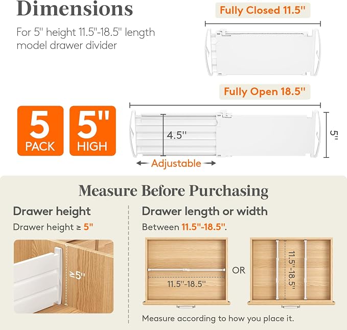 Lifewit 5" Tall Drawer Dividers, Adjustable Deep Drawer Organizer Clothes | 5 Pack 11.5"-18.5" Expandable White Plastic Separators for Dresser, Kitchen, Cabinet, Closet, Office Organization & Storage