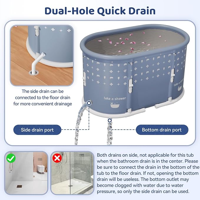 Portable Bathtub, Foldable Bathtub 37.4x21.6x21.6in, White Brown Stripes) | Inflatable Bathtub Free Standing Tub with 2 Drain Ports, Space Saving, Hot Tub, Ice Bath Tub, Indoor Outdoor
