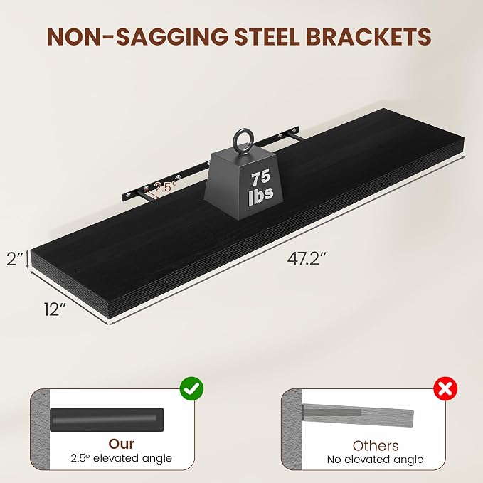 Vivelove Deep Floating Shelves 48x12” Set of 2, Black | Easy Install With Hardware, 2" Thick, Invisible Brackets, Wall Mounted, No Sagging, For Any Room