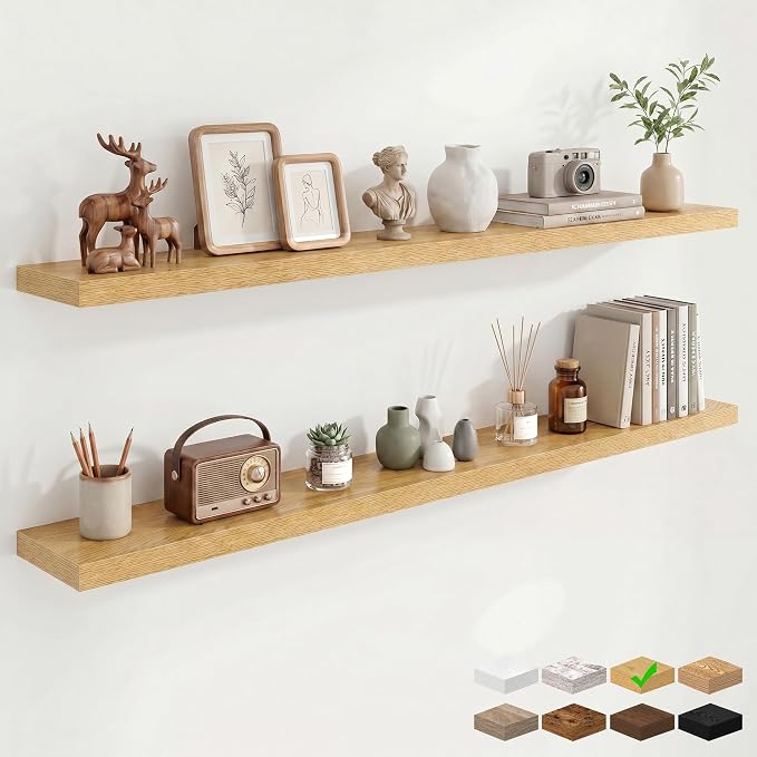 72in Floating Shelves for Wall, 72"W x 9.25"D x 1.5"H, Oak, 2Pcs | Long Wall Mounted Engineered Wood Shelves with Invisible Brackets for Living Room, Bedroom, Bathroom, Kitchen, 9.25in Depth