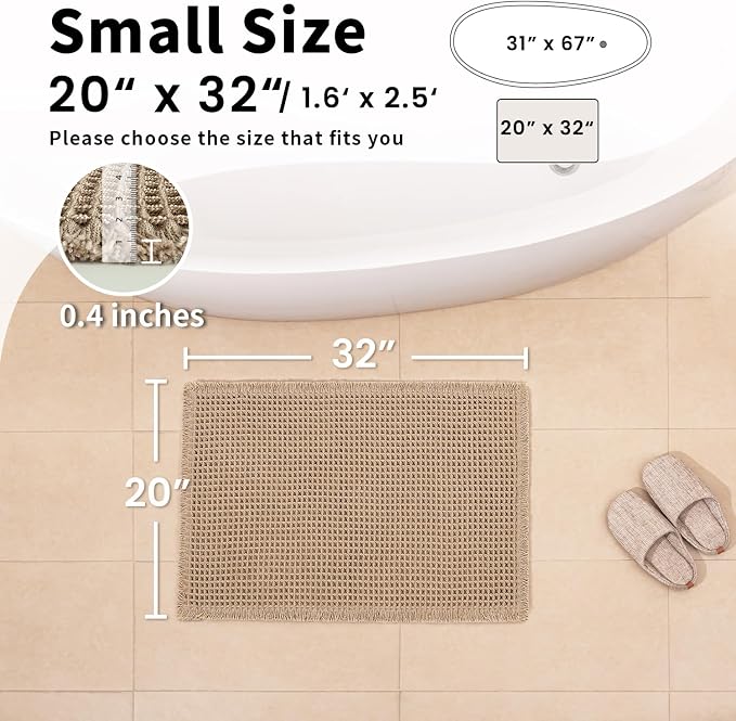 Waffle Bath Mat, Boho Bathroom Rug Non Slip Washable, 20 x 32, Khaki | Super Absorbent Quick Dry Bath Mat, Small Boho Bathroom Mats, Soft Waffle Weave Farmhouse Bathroom Decor for Shower or Tub