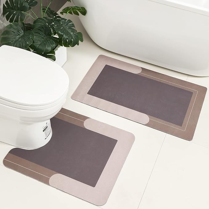 HelloTree 3PCS Bath Mat Rug Rubber Non Slip Quick Dry Rug Sets | Super Absorbent Thin Bathroom Rugs Fit Under Door Khaki Washable Floor Mats for in Front of Bathtub, Shower Room, Sink