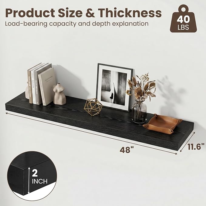 Fun Memories 48inch Floating Shelves, 12" Deep Wall Shelves for Storage and Home Decor, White Wall Shelves for Living Room Bedroom Bathroom Kitchen Laundry Room, Set of 2