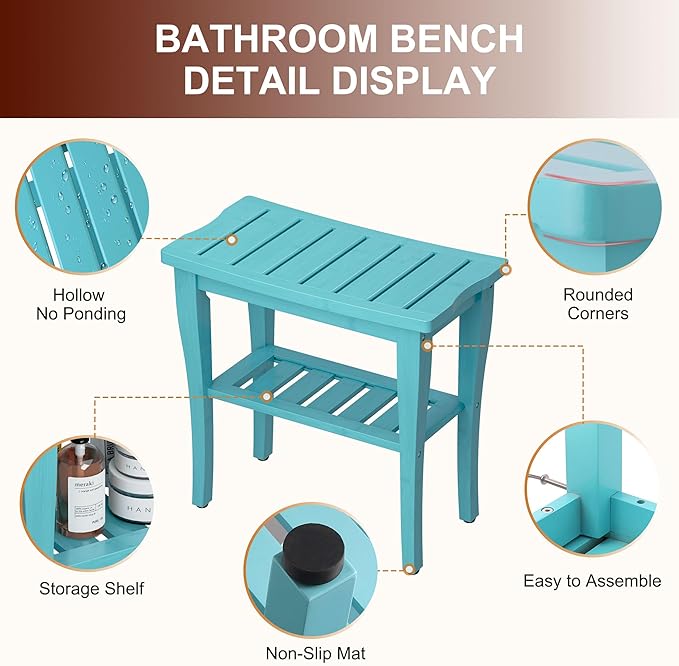 Bamboo Shower Bench Stool with Storage Shelf, Waterproof Shower Chair Spa Bath Seat, Shower Stool for Inside, Bathroom Bench Seat for Adults Elderly Seniors for Indoor or Outdoor Use(Sky Blue)