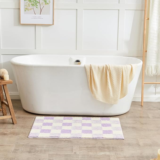 CozeCube Lavender Checkered Bath Mat 36"x24" Non Slip Washable Rug | For Bathroom Non Slip, Fluffy Absorbent Microfiber Bath Mats Machine Wash, Stylish Large Aesthetic Bathroom Rugs