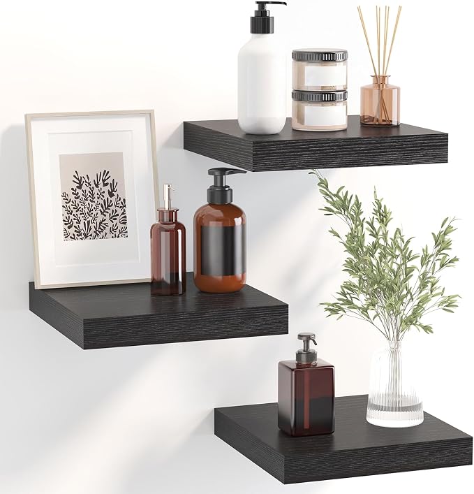 Fixwal Small Floating Shelves for Wall Decor (Black, Set of 3, 8x8Inch) | Invisible Bracket Black Floating Shelves, 8x8in, Holds 8Lbs Each, Space Saving, Modern Decor for Any Room