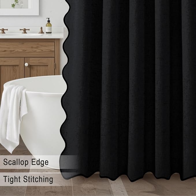 Scalloped Shower Curtain Linen Boho Flax Black 72" W x 72" L | Linen Fabric, Black Border, Washable, Heavy Duty Cloth, Shower Curtain for Boho Farmhouse Bathroom Bathtub