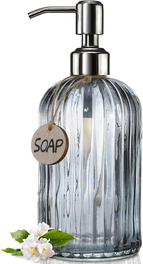 JASAI 18 Oz Kitchen Soap Dispenser with 304 Rust Proof Stainless Steel Pump | Refillable Liquid Soap Dispenser for Bathroom, Kitchen, Hand Soap, Dish Soap (Clear Grey)