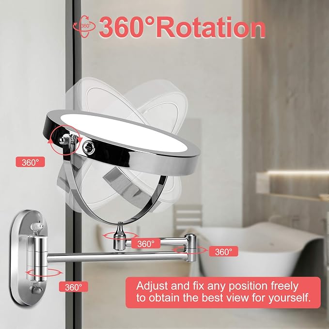 FUNTOUCH 5000mAh Rechargeable Wall Mounted Lighted Makeup Mirror 1X30X | Double Sided 1X 30X Magnifying, 3 Color Lighting, Touch Screen Dimming, Extended Arm 360 Rotation Shaving Bathroom Mirror