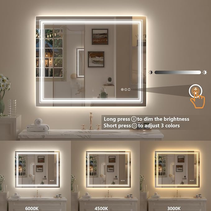 48x36 Led Lighed Bathroom Mirror for Wall, Large Dimmable Vanity Mirror with Lights, Anti-Fog, Shatterproof, Memory， ETL Listed (Backlit and Front Lighted) | Dimmable Vanity Mirror with Lights for Wall, Backlit and Front lit, Anti-Fog, Shatter-Poof, ET...